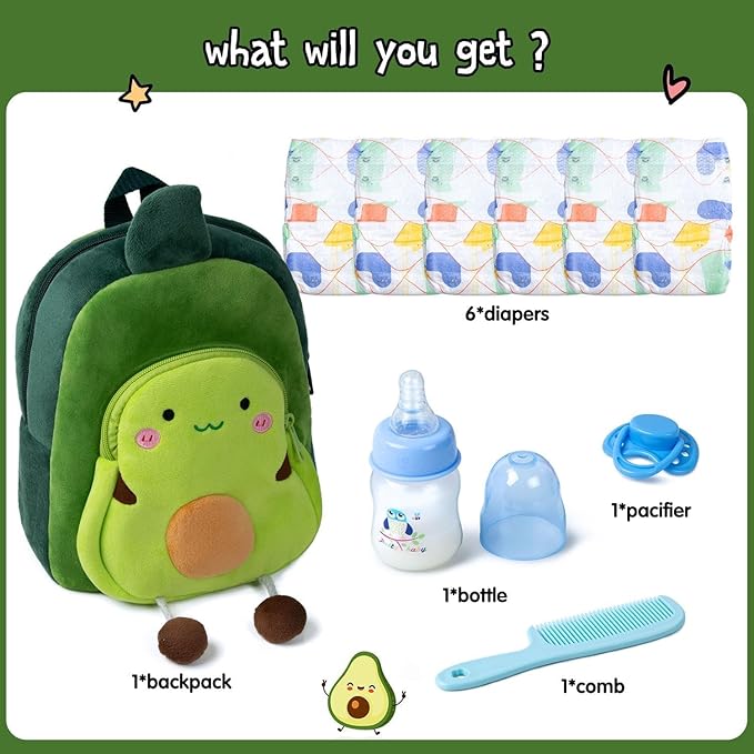 10 Pcs Reborn Baby Doll Diaper Bag Set Reborn Dolls Feeding and Caring Accessories Boy with Backpack&Diapers&Bottle&Magnetic Pacifier&Comb Newborn Baby Gift
