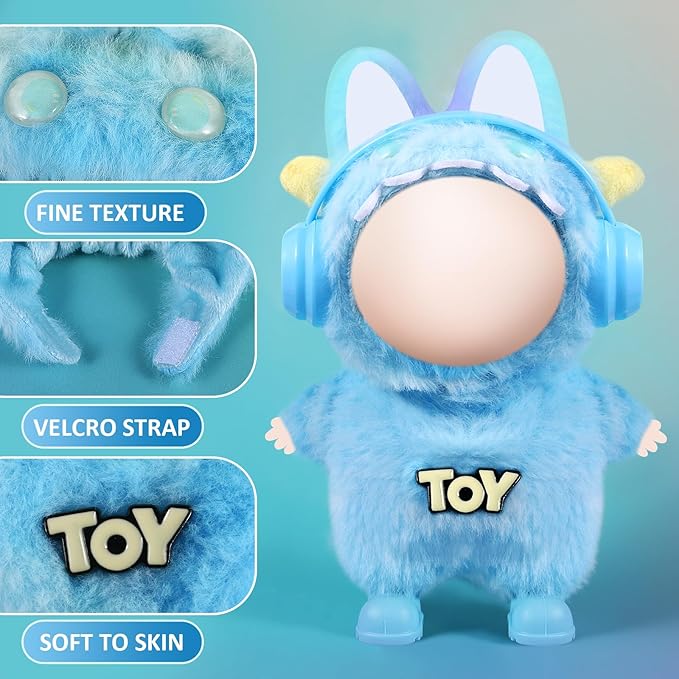 17cm Doll Clothes Set for Labubu Dress Up,Cute Outfit ,4 Piece Hat Overalls Headphones Shoes Dolls Clothing Accessories(NO Doll) (Blue)
