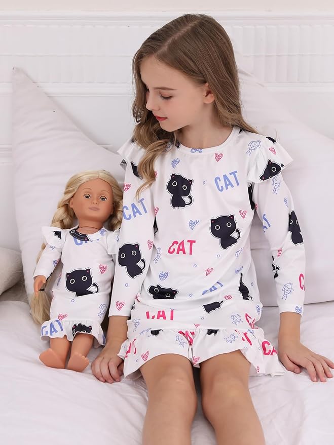 Bow Dream Girl Dress Cute Cartoon and Matching American Girl Doll Clothes Accessories for Girls Dresses White Cat
