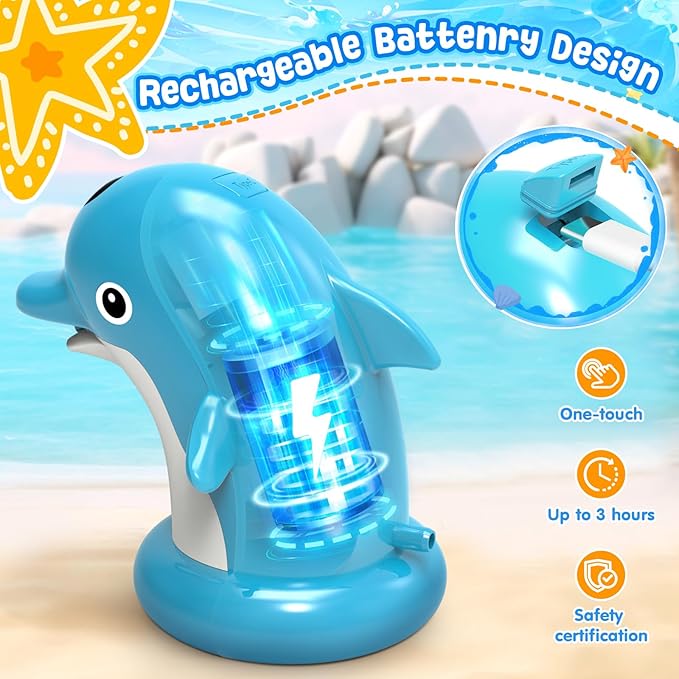 Water Table Pump for Kids & Toddlers, Dolphin Rechargeable Continuous Flow, IPX7 Waterproof, Strong Adhesive Base, No Tools Setup, Water Table Accessories