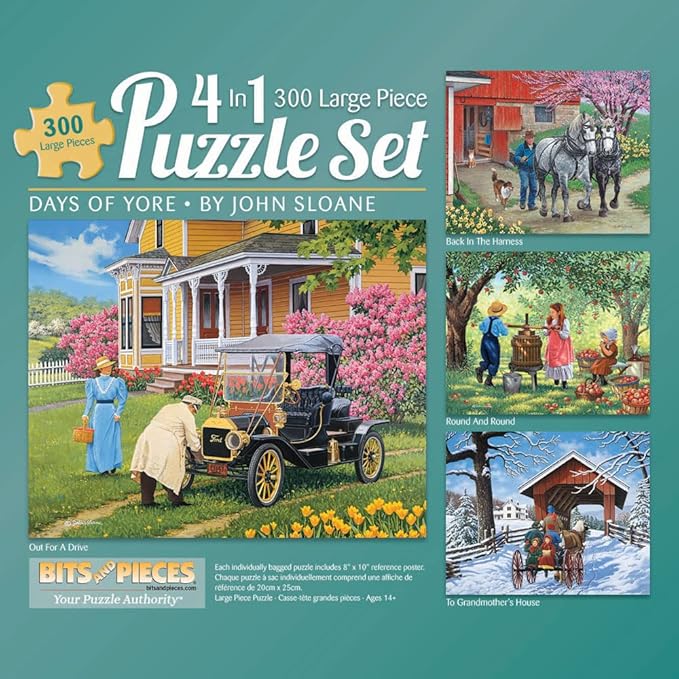 Bits and Pieces – 4-in-1 Multi-Pack 300 Piece Jigsaw Puzzles for Adults – Days of Yore by Artist John Sloane, Completed Puzzle Size: 16" x 20"