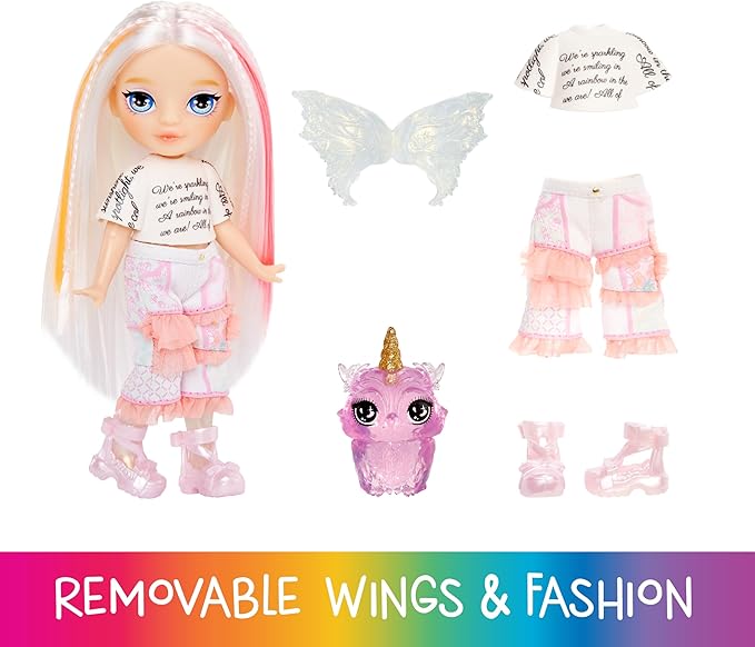 Rainbow High Littles Rainbow Fantasy Fairies + Pet – Opal, Rainbow 5.5" Posable Small Doll & Fantasy Owl Pet with Interchangeable Fairy Wings, Kids Gift 4+