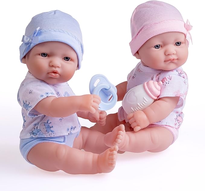 Berenguer Boutique Realistic La Newborn 12.5" Washable Vinyl Twins | Blue and Pink Themed Gift Set with Reusable Diaper, Caps, Shirts, Pacifier, Bottles and Birth Certificate - JC Toys