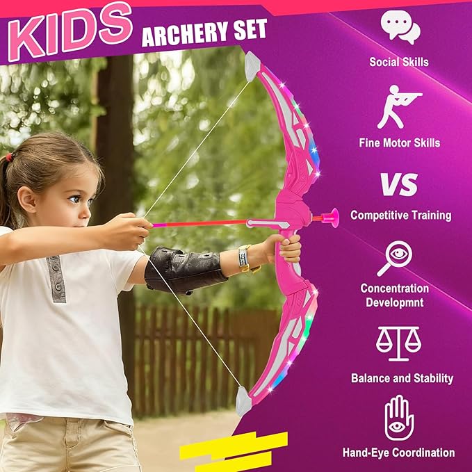TWFRIC 2 Pack Bow and Arrow for Kids - LED Light Up Archery Set with 16 Arrows, 1 Standing Target & 2 Quivers - Fun Indoor/Outdoor Toy for Boys & Girls Aged 3-12 (Pink)