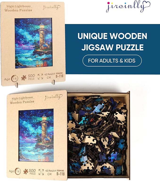 Jiroinlly Wooden Puzzles for Adults 200 Pieces, Night Lighthouse, 5MM Thick Adult Jigsaw Puzzles, Unique Shaped Puzzle for Family and Friends, Home Wall Decor, Exquisite Packaging Gift, 8.9x11.8 in