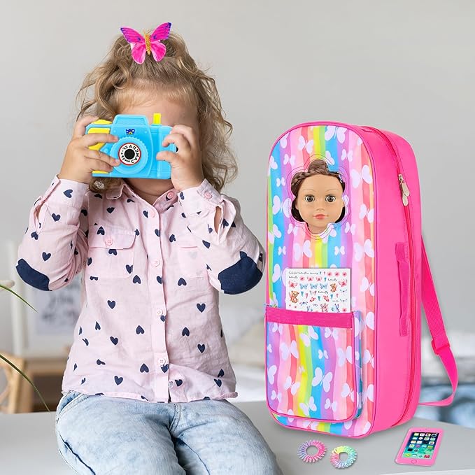 UNICORN ELEMENT 9 Items 18 inch Dolls Bag Set and Accessories Doll Carrier Including 18 Inch Doll Clothes, Camera, Sunglasses, Backpack and Sticker