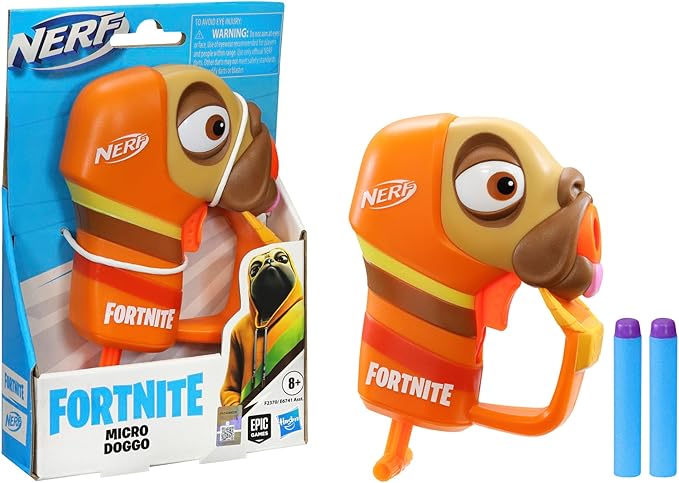 Nerf Fortnite Micro Doggo Mini Dart-Firing Blaster - Fortnite Doggo Outfit Design - Includes 2 Official Nerf Elite Darts