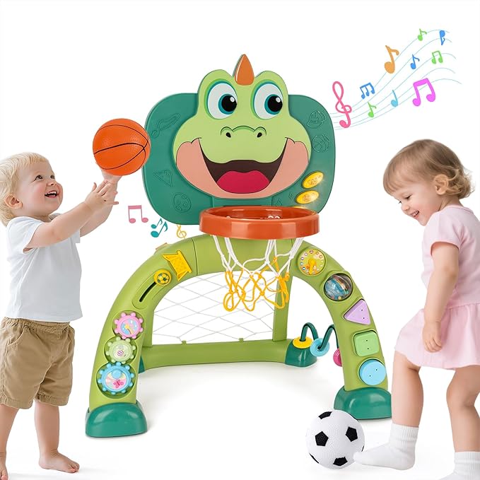 Basketball Hoop & Soccer Goal for Toddlers: Activity Center for 1 2 3 Year Old Boys Girls - Dinosaur Sports Toy with Lights & Music - Educational Interactive Toy Gift for Baby Kids Christmas Birthday
