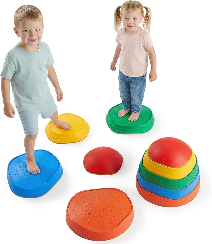 Special Supplies Stepping Stones for Kids, 5 Balance Indoor and Outdoor Blocks Promote Coordination, Balance, Strength, Child Safe Rubber, Non-Slip Edging, Stackable