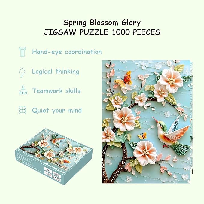 Puzzles for Adults 1000 Pieces, Flower Bird Puzzle 1000 Pieces - Spring Blossom Glory, Impossible Hummingbird Puzzle, Finished Size 19.69 * 27.56", with 1:1 Poster