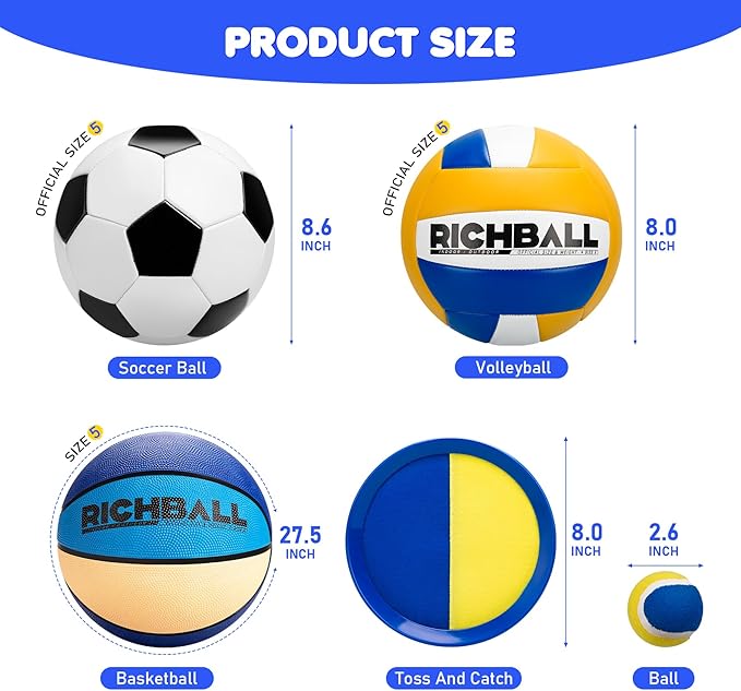 Richball 4-in-1 Outdoor Sports Ball Set for Kids – Soccer, Basketball, Volleyball and Toss & Catch Paddle Ball Game – All-in-One Gift Stocking Stuffers for Kids Boys & Girls Ages 3+