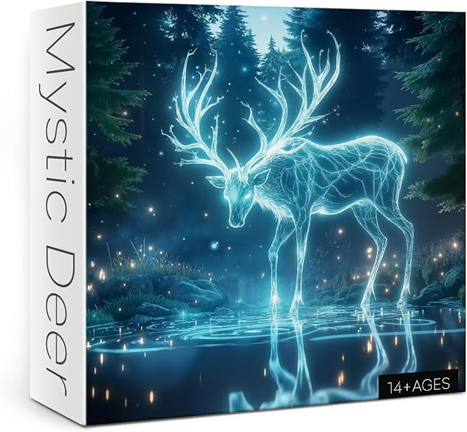 Fantasy Glowing Deer Puzzles for Adults 1000 Pieces Nature, Magic Animal Forest Art Jigsaw Puzzles, Pretty Wildlife Plant Tree of Life Reindeer Impossible Puzzle
