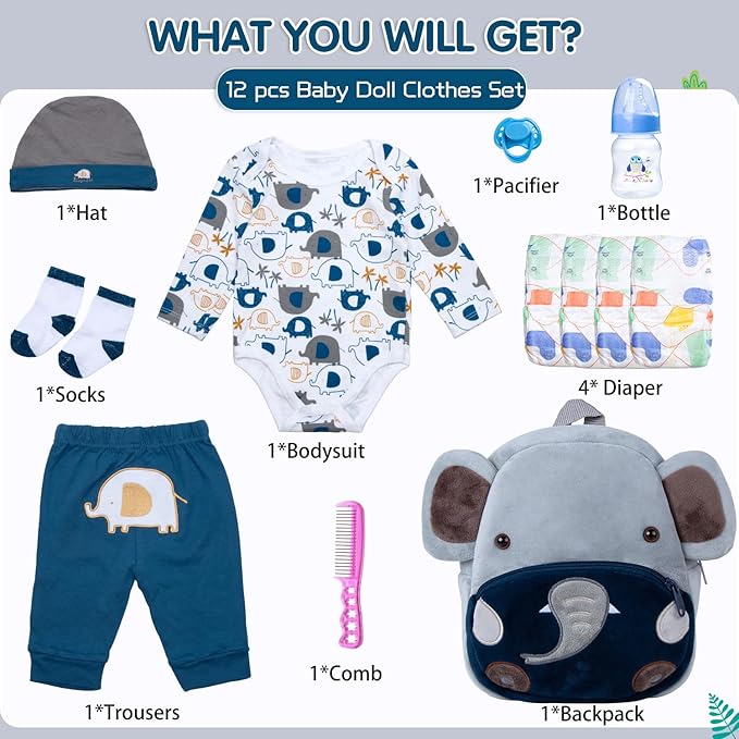 12 Pcs Reborn Baby Dolls Clothes Boy Outfit Accessories Elephant Theme Set for 17-22 Inch Reborn Dolls Newborn Boy with Elephant Backpack Diaper