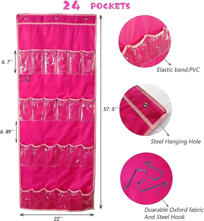 Hanging Over Door Toy Storage Organizer (24 Pockets), Compatible with Lol Omg Dolls Barbie Dolls Surprise Doll (Toys Not Included), Deeppink (57.5''x22'')