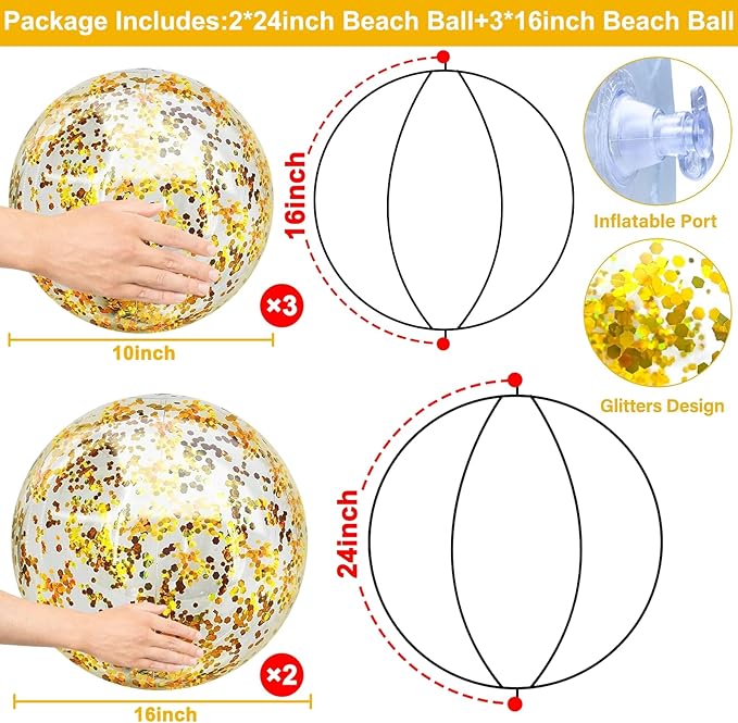 5 Pcs Inflatable Beach Balls, 16 Inch & 24 Inch Large Confetti Glitter Beach Balls, Sequins Clear Blow up Pool Balls Toys for Christmas Party Decorations 2026 New Year Birthday Summer Swimming Pool