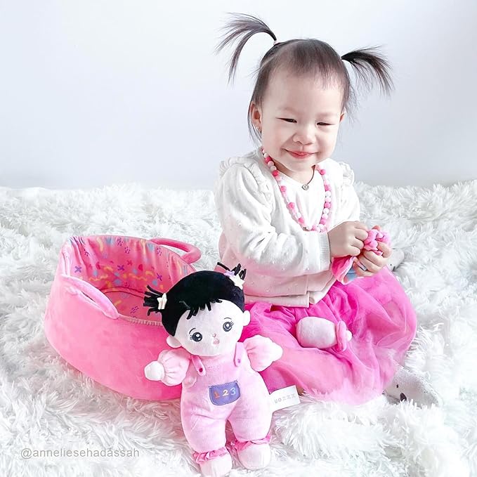OUOZZZ 10" Soft Baby Doll Set with Plush Doll, Bassinet, Blanket and Bottle, Pretend Playset for Emotional Social Education Asian Doll for 2 Year Olds Girls Perfect Birthday Toy