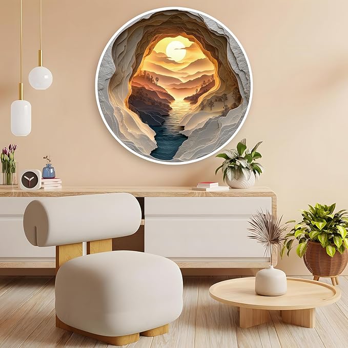3D Visual Art Puzzles for Adults, 500 Piece Cave Sunset River Jigsaw Puzzle for Adults, Scenic Circular Landscape Puzzle 500 Pieces, Challenging Family Puzzle, 22 x 22 inches