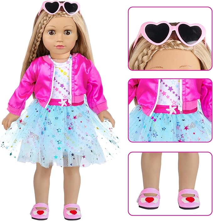 American 18 Inch Doll Clothes and Makeup Accessories Set Includes Clothes Backpack Sunglasses Phone Shoes Comb Mirror Eye Shadow Lipstick Hair Clip Hair Tie(Doll NOT Included)