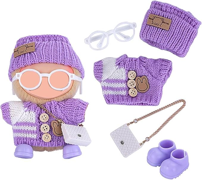 Ezcora Knitting Outfit Set for 17cm Dolls, 4 Cozy Sweaters with Hats, Shoes, Glasses Bags, 6.7-Inch Doll Accessories, Gift Idea, (No Dolls)