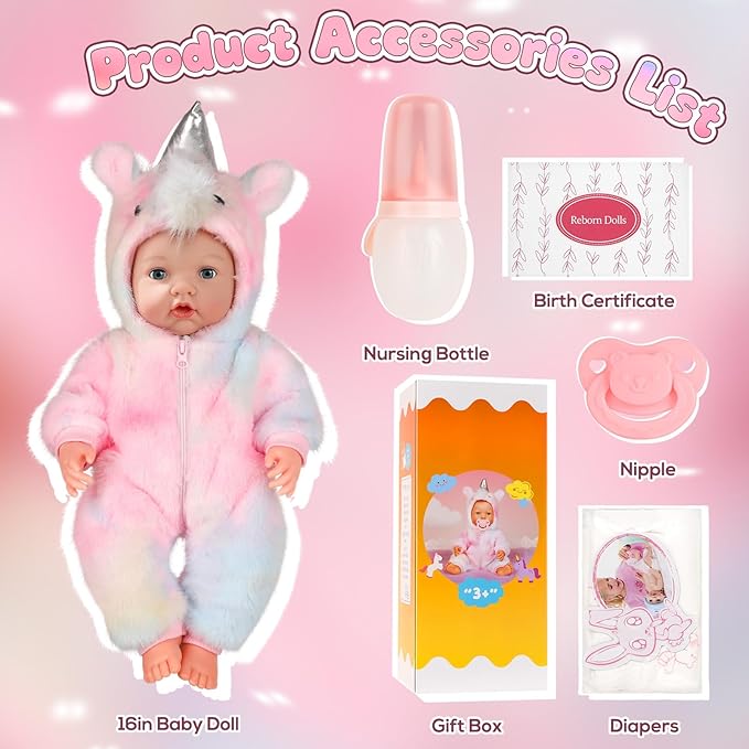 17Inch Baby Doll - Realistic Cute Soft Body Baby Doll Real Life Reborn Silicone Baby Dolls with Bottles & Pacifier, Diapers, Gift for Girls Ages 3+, Pretend Play & Collectors