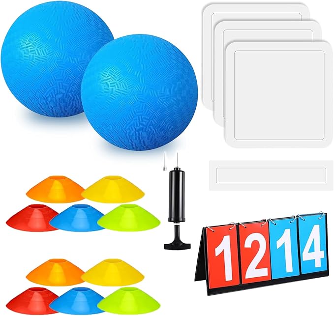 Huaerle 18 Pcs Sports Kickball Set Includes 2 Playground Ball with Air Pump 4 Rubber Throw Down Bases 10 Foul Line Cones and a Flip Scoreboard for Boys Girls Adults Playground School Backyard