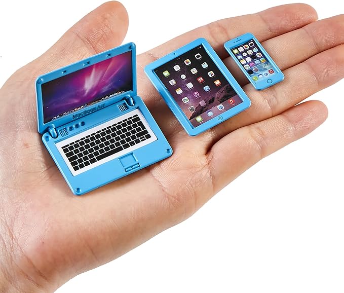 3 Pcs Dollhouse Furniture Accessories Laptop, 1:12 Scale 1:6 Scale Simulation Miniature Phone Tablet Mini Stuff Things for Doll (Blue)