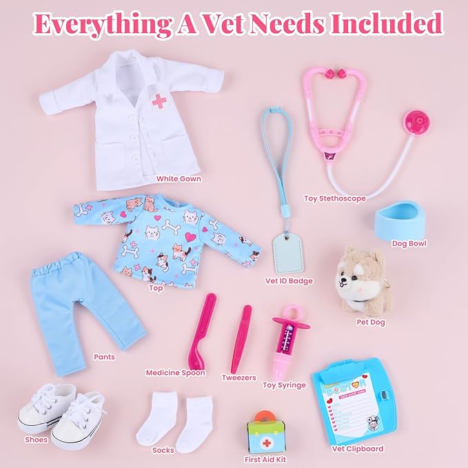 BABESIDE American Realistic Baby Doll Girl - 16-Inch Vet Play Set Dolls with Long Brown Ponytail Complete Toy Accessories for 5+ 6 7 8 9 10 11 12 Years Girl Birthday Gifts, Pretend Play, Christmas