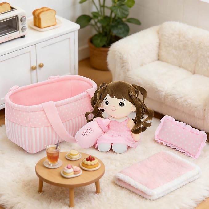 Tezituor Baby Doll Playset with Carrier Bassinet Bed,Baby Doll Accessories with Dolls, Portable Feeding and Caring Set,Babies Pretend Play Toy Set,Baby Doll Care Toys Gifts for Kids Girls