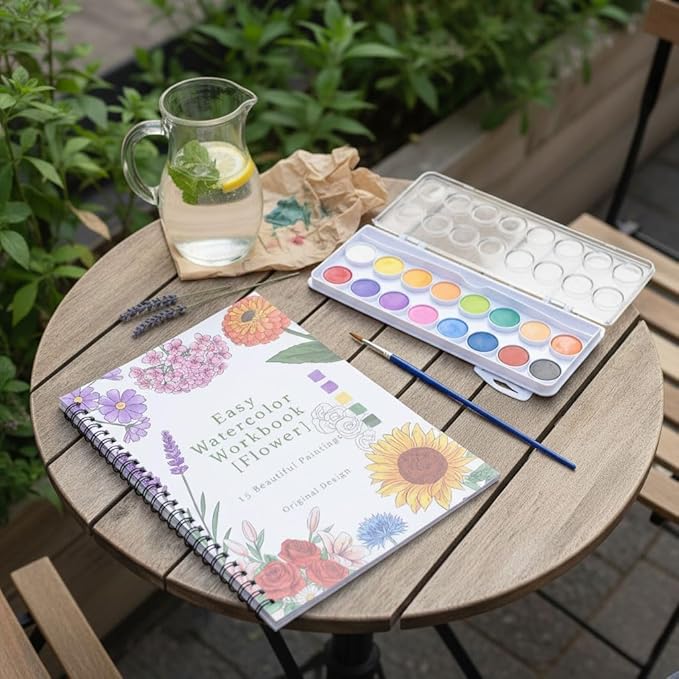 Watercolor Workbook,16 Colors Watercolor Paint Set with Brush Palette,15 Flower Patterns of Original DIY Designs,Beginner-Friendly Water Color Workbooks,Water Coloring Book for Adults