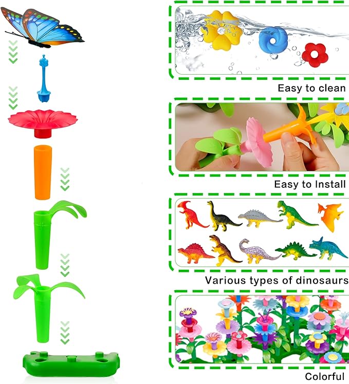 Toys Gifts for Toddlers Boys Girls Age 2 3 4 5 6, 167 PCS Dinosaur Flower Garden Building Blocks, STEM Fine Motor Skill Stacking Games, Easter First 1st Birthday Gifts for Preschool Kids 2+ Years Old