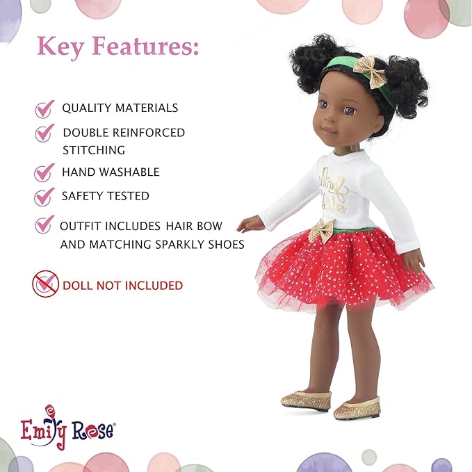 Emily Rose 14 Inch Doll Christmas Outfit 4-PC Holiday Set | Red Green Gold Sparkly Clothes | Compatible with Glitter Girls, Wellie Wishers, and Hearts for Hearts Dolls USA Brand