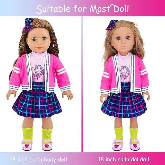 K.T. Fancy American 18 Inch Doll British Style Fashion Set 14 PCS Clothes & Accessory Collection with School Bag, Unicorn Stationery,Makeup Tools for 18" Dolls