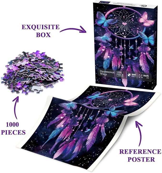 Gradient Butterfly Dream Catcher Puzzle for Adult 1000 Piece, Fantasy Starry Night Jigsaw Puzzle, Purple Art Challenging Puzzle as Home Decor