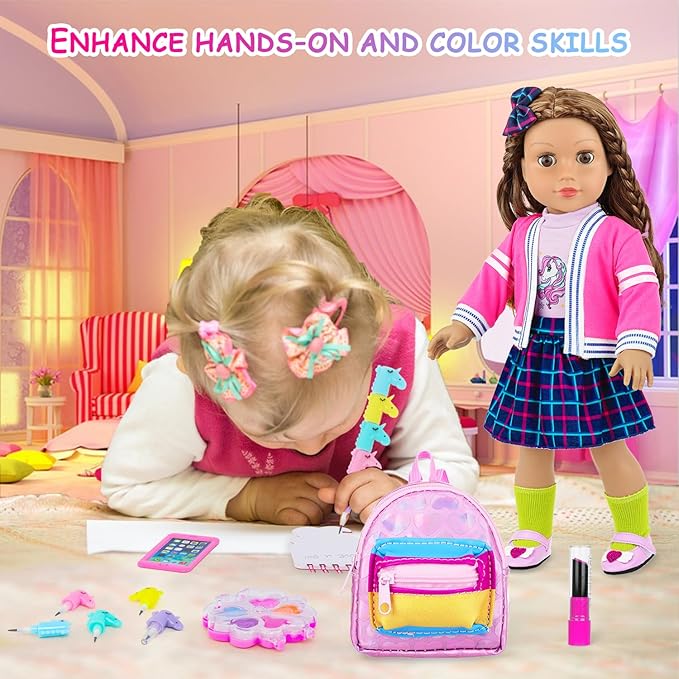 K.T. Fancy American 18 Inch Doll British Style Fashion Set 14 PCS Clothes & Accessory Collection with School Bag, Unicorn Stationery,Makeup Tools for 18" Dolls