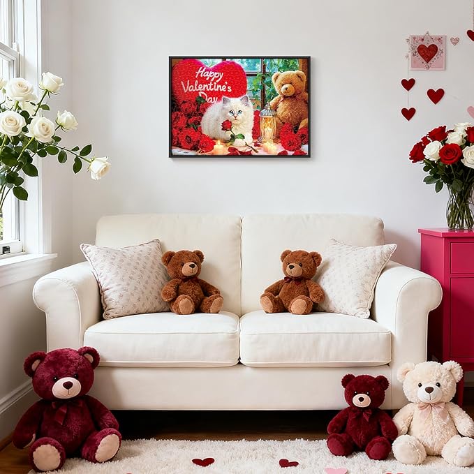 Sutinban Valentine 500 Piece Puzzle for Adults, White Cat Red Rose Bear Colorful Jigsaw Puzzle, Romantic Candlelight Greaty Family Game Sweet Heart Night Valentine Gifts for Man Woman Decor