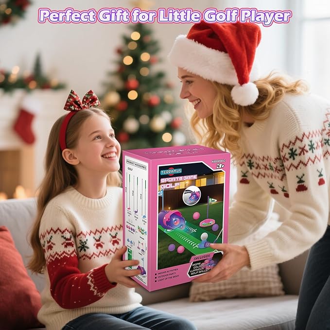 Kids Toy Golf Set with Dinosaur Automatic Golf Returner, Led Light Up Night Golf Balls, 3 Clubs, Putting Mat, 3-8 Toddler Mini Golf Games, Indoor Outdoor Sports Toys for Boys Girls (Pink)