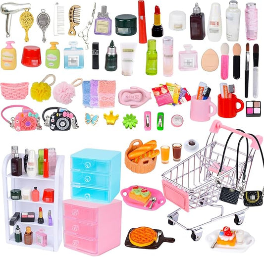 U-Zimikee 100 Pcs Dollhouse Mini Cosmetic Set，Miniature Bathroom Accessories，Mini Makeup Pretend Play Gifts for Girls，Jewelry Storage Case Shelf Handbag Camera Toiletries Dollhouse DIY Micro Scene