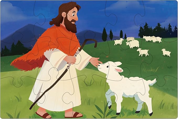 Bible Puzzles Kids, 4-in-1 Wooden Puzzles in Box, Religious Christian Toys for Toddlers, Christmas Puzzle for Kids, Jesus Walks on Water | Jesus with Children | Lost Lamb (New Testament)