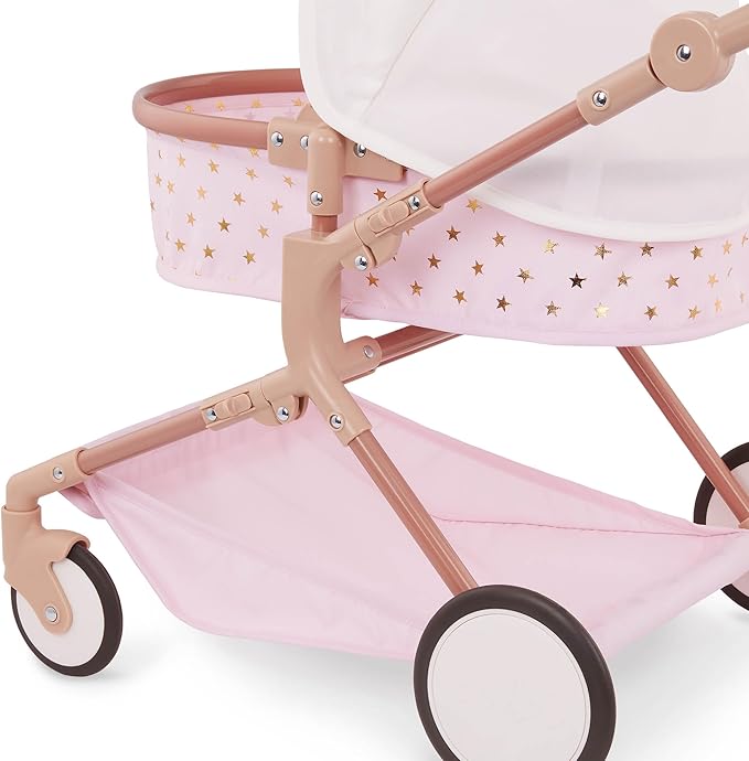 LullaBaby – 14-Inch Accessories – Pink Toy Stroller with Gold Stars for Twins – Foldable Canopy, Swivel Wheels & Storage Basket – Pretend Play 2+ Years