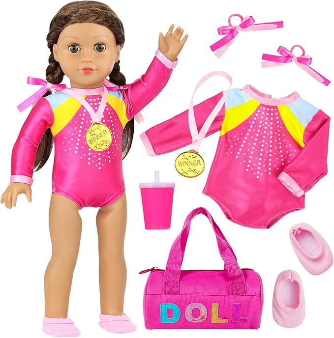 K.T. Fancy 18 Inch Doll Gymnastics Clothes Set - Pink Leotard, Shoes, Gym Bag, Olympic Medal, Water Bottle & Hair Accessories for Play （Doll Not Included）