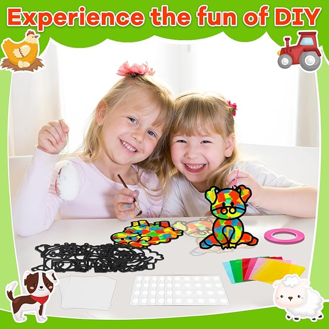 QOUBAI 32 Sets Farm Animals Suncatchers Craft Kit DIY Window Stained Glass Effect Cow Horse Chicken Paper Craft Home School Classroom Decoration Kid Birthday Gift Creative Art Project Activity Game