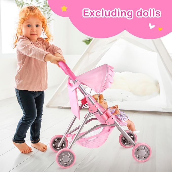 GAGAKU Baby Doll Stroller for Toddlers, Foldable Toy Stroller with Storage Basket and Bag, Diapers - Reborn Doll Accessories for Girls & Kids Ages 3+, Pink