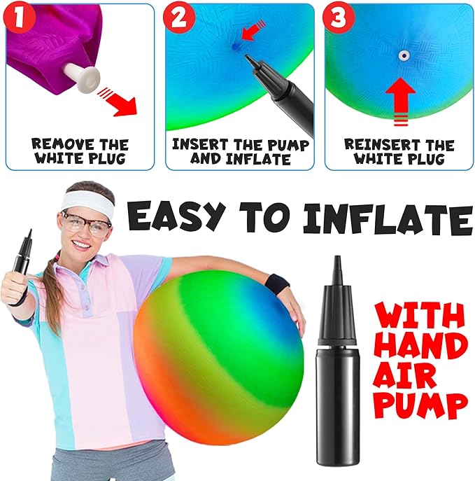 Bedwina 18 Inch Rainbow Playground Ball for Kids (Pack of 1 or 2) Jumbo Size Rainbow Inflatable Big Bouncy Kickball for Park, Giant Balls for Indoor and Outdoor Games with Hand Pump