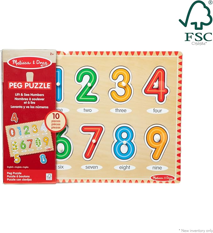 Melissa & Doug Lift & See Numbers Wooden Peg Puzzle - 10 Pieces Number Puzzles for Toddlers and Kids Ages 1+ - FSC-Certified Materials