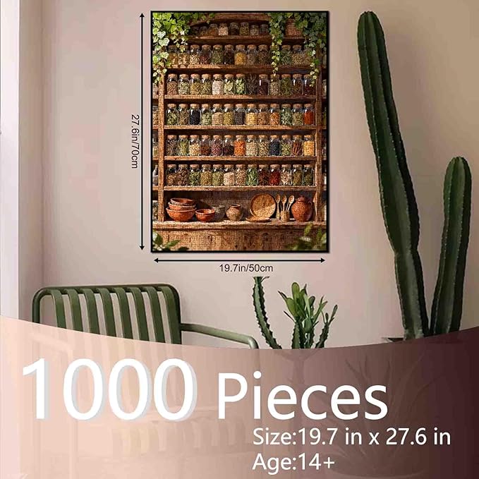Glass Bottle Food Puzzles 1000 Pieces for Adults, BookshelfSpice Jars Jigsaw Puzzles for Challenging Family Activity Games DIY Puzzle for Home Wall Decor Gifts - 19.7 x 27.6 Inches