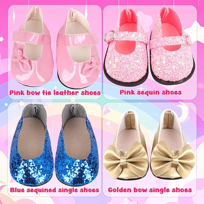 MSYO 18-Inch Doll Clothes & Accessories Kit: 5 Pre-Styled Outfit Sets + 2 Pairs of Shoes (8 Styles Available) - Fashion Dress-Up Play Set for Dolls, Gift for Girls Ages 3-10