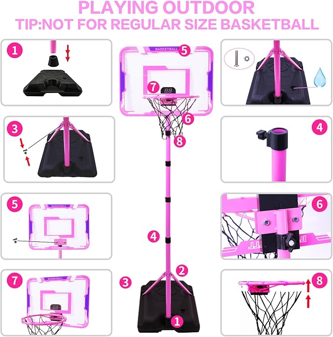 Nattork Kids Basketball Hoop, Adjustable Height Toddler Basketball Hoop Stand, Indoor Outdoor Basketball Goal Toy for Boys Girls Ages 3~8 Years Old, Includes 3 Balls, Ideal for Birthday Gift