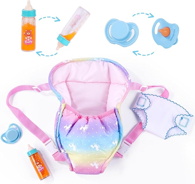 BABESIDE Baby Doll Accessories, Doll Carrier with Magic Bottle, Doll's Diaper, Pacifier – Baby Dolls Accessories Set for 12-15 Inch Dolls, Pretend Play Gift for Girls Boys Ages 3+