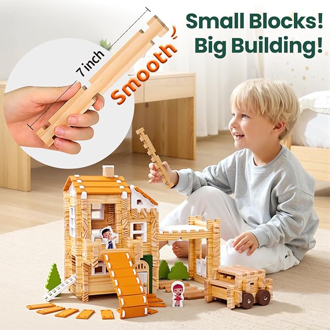 Jovi-mindly＆Notchies New 206 PCS Wooden Blocks Wooden Toys with House and Car, Preschool Learning Toys Wood Blocks Building for Kids Ages 4-8 Creative Construction Game,Easter Toys Gifts