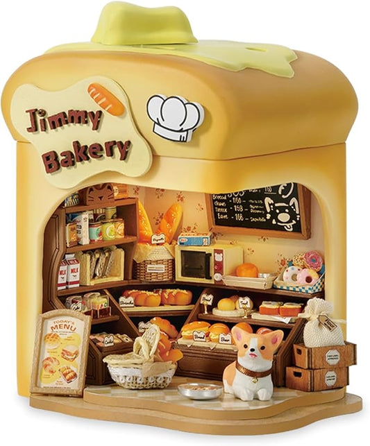TuKIIE DIY Miniature House Kit with Furniture, 1:100 Scale Creative Room Mini Wooden Dollhouse Book Nook Plus Music Movement for Kids Teens Adults(Bakery Shop)